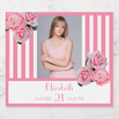 21e verjaardag roze witte strepen bloemfoto sparkling wijnetiket (Enkel label)