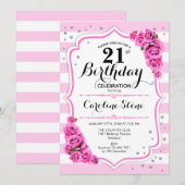 21e verjaardag - roze witte strepen Rozen Kaart (Voorkant / Achterkant)