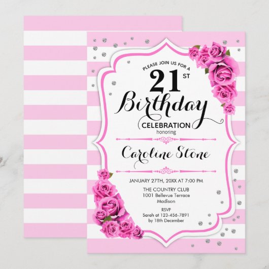 21e verjaardag - roze witte strepen Rozen Kaart (Voorkant / Achterkant)