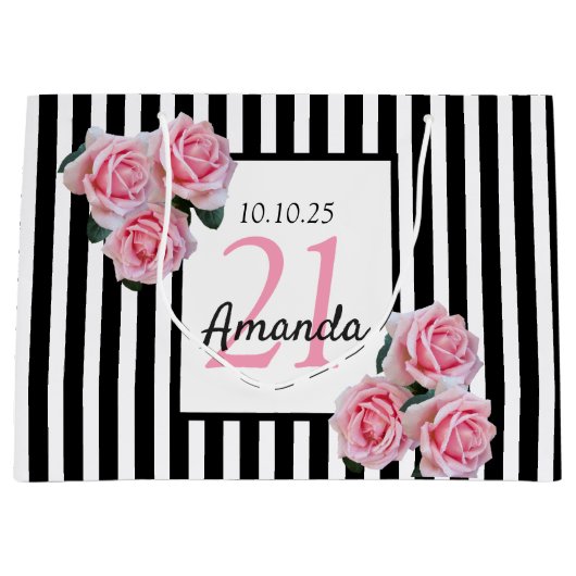 21e verjaardag roze zwarte witte strepen met roze  groot cadeauzakje (Voorkant)