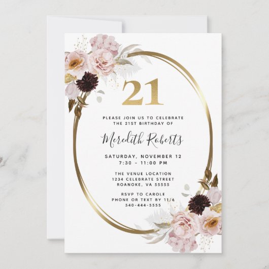 21e verjaardag Rozen Gouden Metallic Floral Party Kaart (Voorkant)