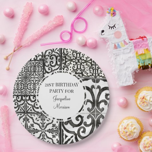 21e verjaardag RusticTile Pattern Black White Papieren Bordje (Feest)
