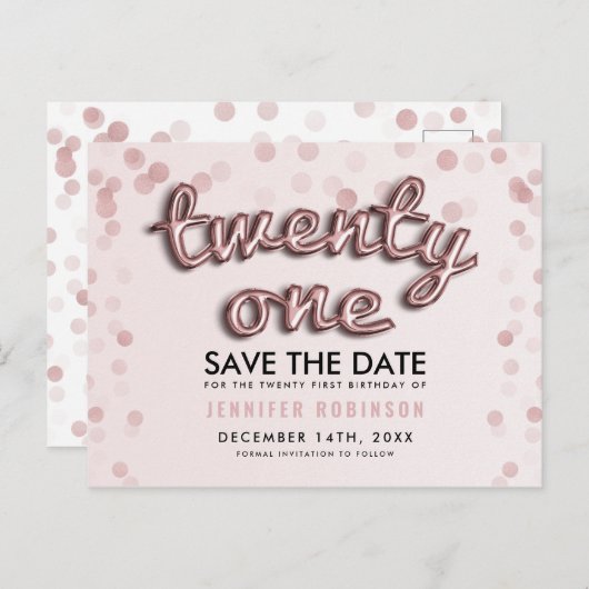 21e verjaardag Save the Date Roos Gold Blush Pink Aankondigingskaart (Voorkant / Achterkant)
