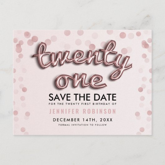 21e verjaardag Save the Date Roos Gold Blush Pink Aankondigingskaart (Voorkant)