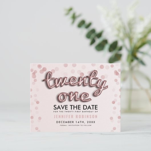 21e verjaardag Save the Date Roos Gold Blush Pink Aankondigingskaart (Staand voorkant)