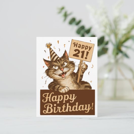 21e verjaardag schattige grappige kat briefkaart (Staand voorkant)