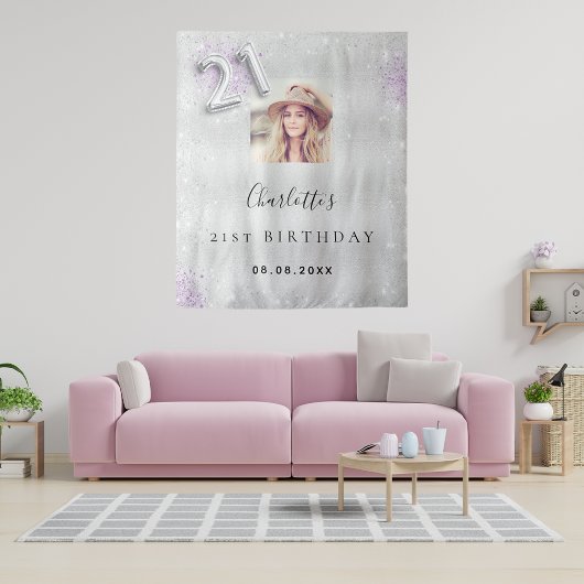 21e verjaardag Silver paarse foto glitter welkom Wandkleed