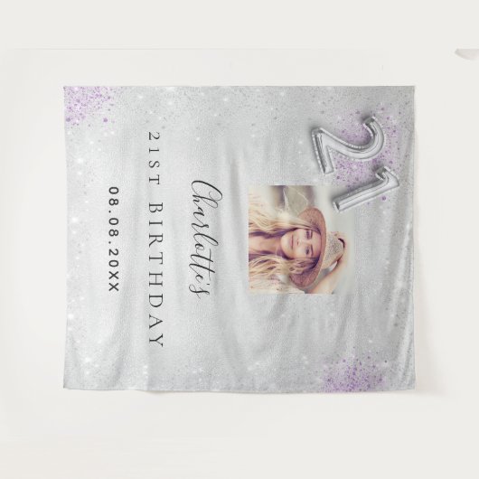 21e verjaardag Silver paarse foto glitter welkom Wandkleed (Voorkant (horizontaal))