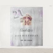 21e verjaardag Silver paarse foto glitter welkom Wandkleed (Voorkant)