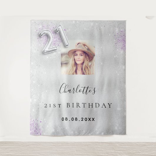 21e verjaardag Silver paarse foto glitter welkom Wandkleed (Voorkant)