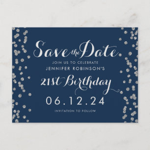 21e verjaardag Silver Save the Date Confetti Navy Briefkaart