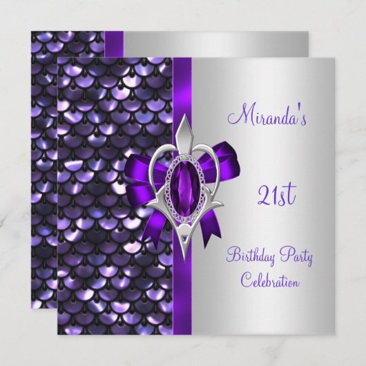 21e verjaardag Silver Sequins Paarse Diamond Bow Kaart (Voorkant / Achterkant)
