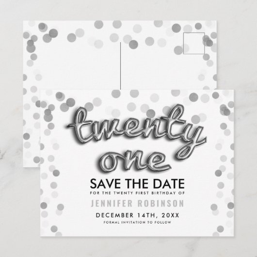 21e verjaardag sparen de Datum Zilveren ballon Gli Aankondigingskaart (Voorkant / Achterkant)