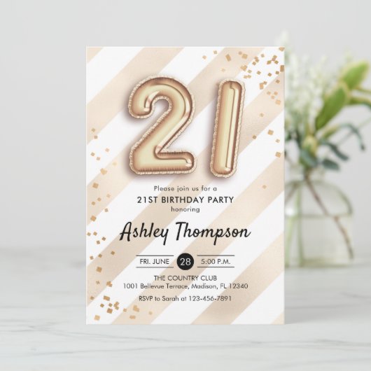 21e verjaardag - Stripes gouden ballonnen Kaart (Staand voorkant)