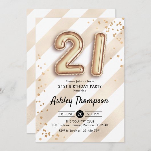 21e verjaardag - Stripes gouden ballonnen Kaart (Voorkant / Achterkant)