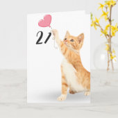 21e verjaardag tabby kat met hartballon kaart (Gele Bloem)