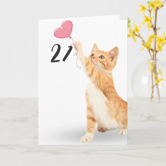 21e verjaardag tabby kat met hartballon kaart (Gele Bloem)
