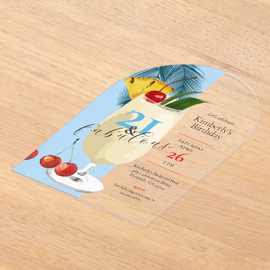 21e verjaardag Tropical Blue Pina Colada Cocktail Acryl Uitnodigingen (Laagn)