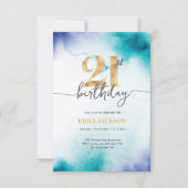 21e verjaardag Turquoise waterverf gouden uitnodig Kaart (Voorkant)