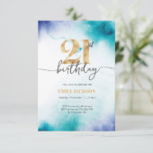 21e verjaardag Turquoise waterverf gouden uitnodig Kaart (Staand voorkant)