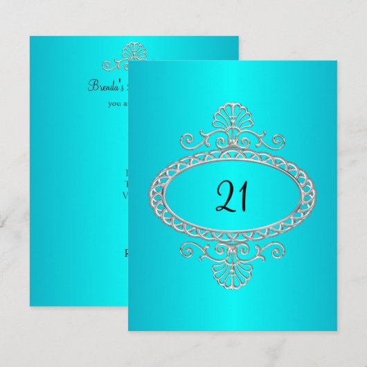 21e verjaardag Turquoise & Zilver Metaal Kaart (Voorkant / Achterkant)