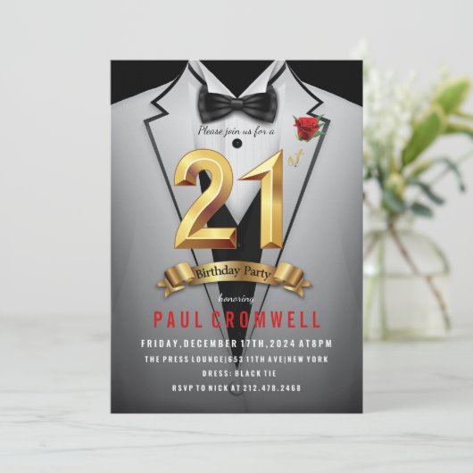 21e verjaardag Tuxedo uitnodiging (Staand voorkant)