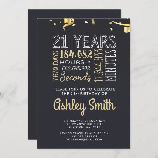 21e verjaardag uitnodiging - 21 jaar uur seconden (Voorkant / Achterkant)