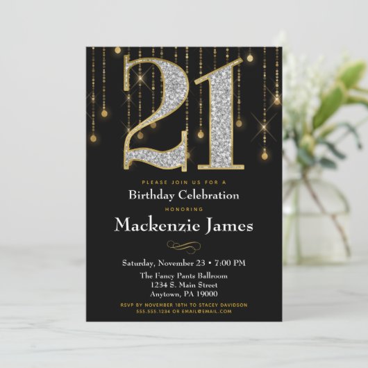 21e verjaardag Uitnodiging Black Gold Diamonds Adu (Staand voorkant)