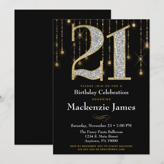21e verjaardag Uitnodiging Black Gold Diamonds Adu (Voorkant / Achterkant)
