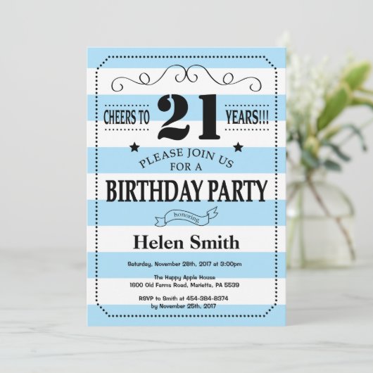 21e verjaardag Uitnodiging blauw en Witte Stripes (Staand voorkant)