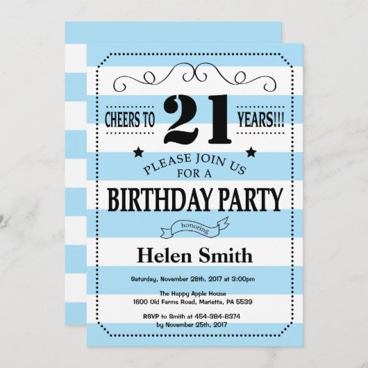 21e verjaardag Uitnodiging blauw en Witte Stripes (Voorkant / Achterkant)
