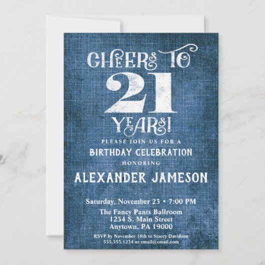 21e verjaardag Uitnodiging Blauwe linen Rustic Che (Voorkant)