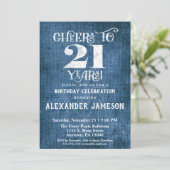 21e verjaardag Uitnodiging Blauwe linen Rustic Che (Staand voorkant)