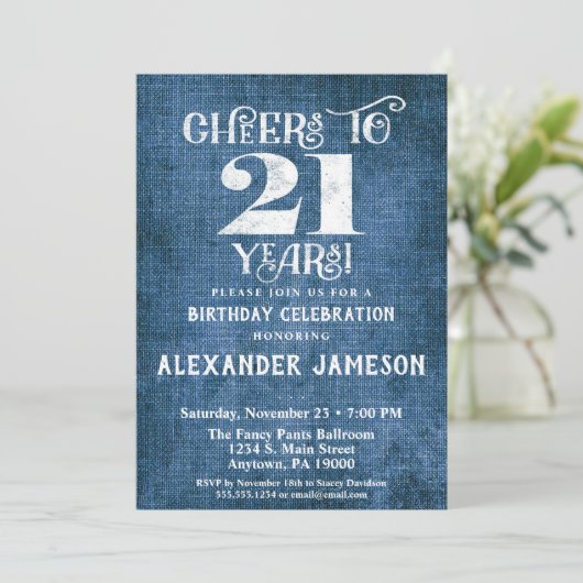 21e verjaardag Uitnodiging Blauwe linen Rustic Che (Staand voorkant)