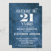 21e verjaardag Uitnodiging Blauwe linen Rustic Che (Voorkant / Achterkant)