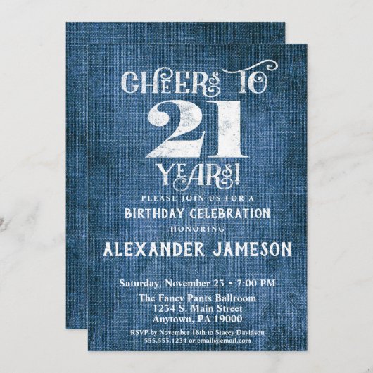 21e verjaardag Uitnodiging Blauwe linen Rustic Che (Voorkant / Achterkant)