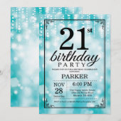 21e verjaardag Uitnodiging Blauwgroen Glitter (Voorkant / Achterkant)