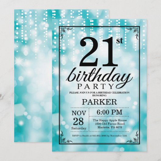 21e verjaardag Uitnodiging Blauwgroen Glitter (Voorkant / Achterkant)