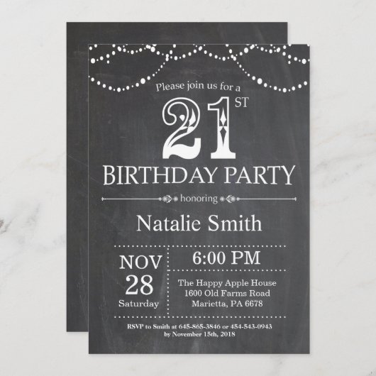 21e verjaardag Uitnodiging Chalkboard String Light (Voorkant / Achterkant)