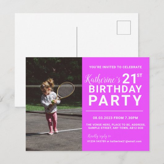 21e verjaardag Uitnodiging Fotokaart Roze (Voorkant / Achterkant)