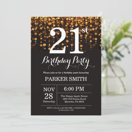 21e verjaardag uitnodiging Gold Glitter (Staand voorkant)