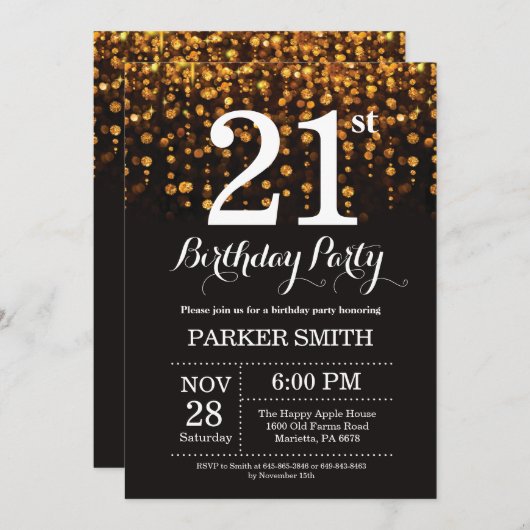 21e verjaardag uitnodiging Gold Glitter (Voorkant / Achterkant)
