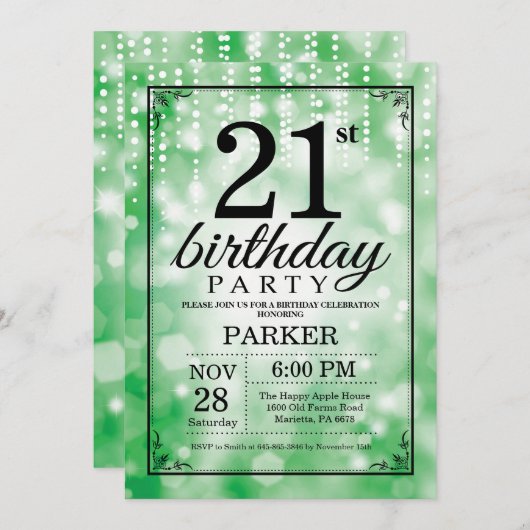 21e verjaardag Uitnodiging Groene Glitter (Voorkant / Achterkant)