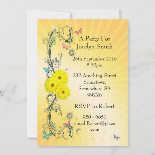 21e verjaardag Uitnodiging met gele bloem (Achterkant)