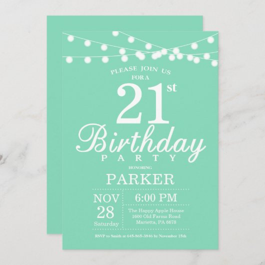 21e verjaardag Uitnodiging Mint Green (Voorkant / Achterkant)