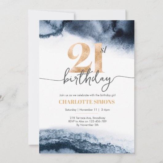 21e verjaardag uitnodiging Navy waterverf en goud (Voorkant)