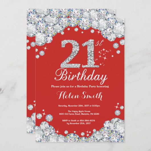 21e verjaardag Uitnodiging Red en Silver Diamond (Voorkant / Achterkant)
