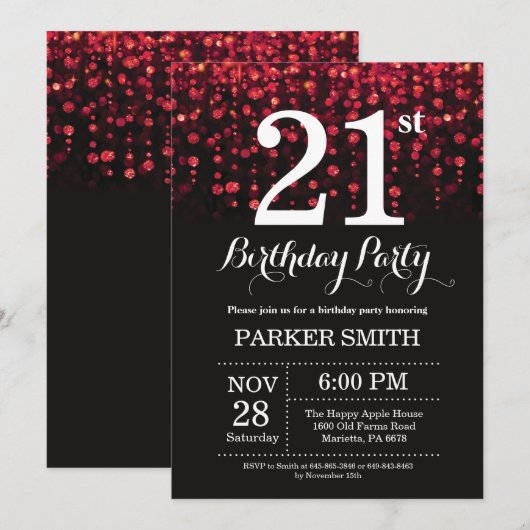 21e verjaardag uitnodiging Red Glitter (Voorkant / Achterkant)