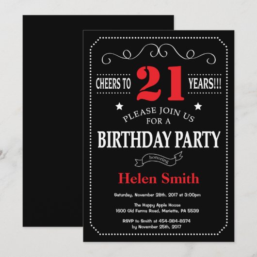21e verjaardag Uitnodiging rood en zwart karton (Voorkant / Achterkant)