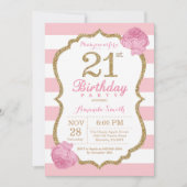 21e verjaardag Uitnodiging roze en gouden bloemen (Voorkant)